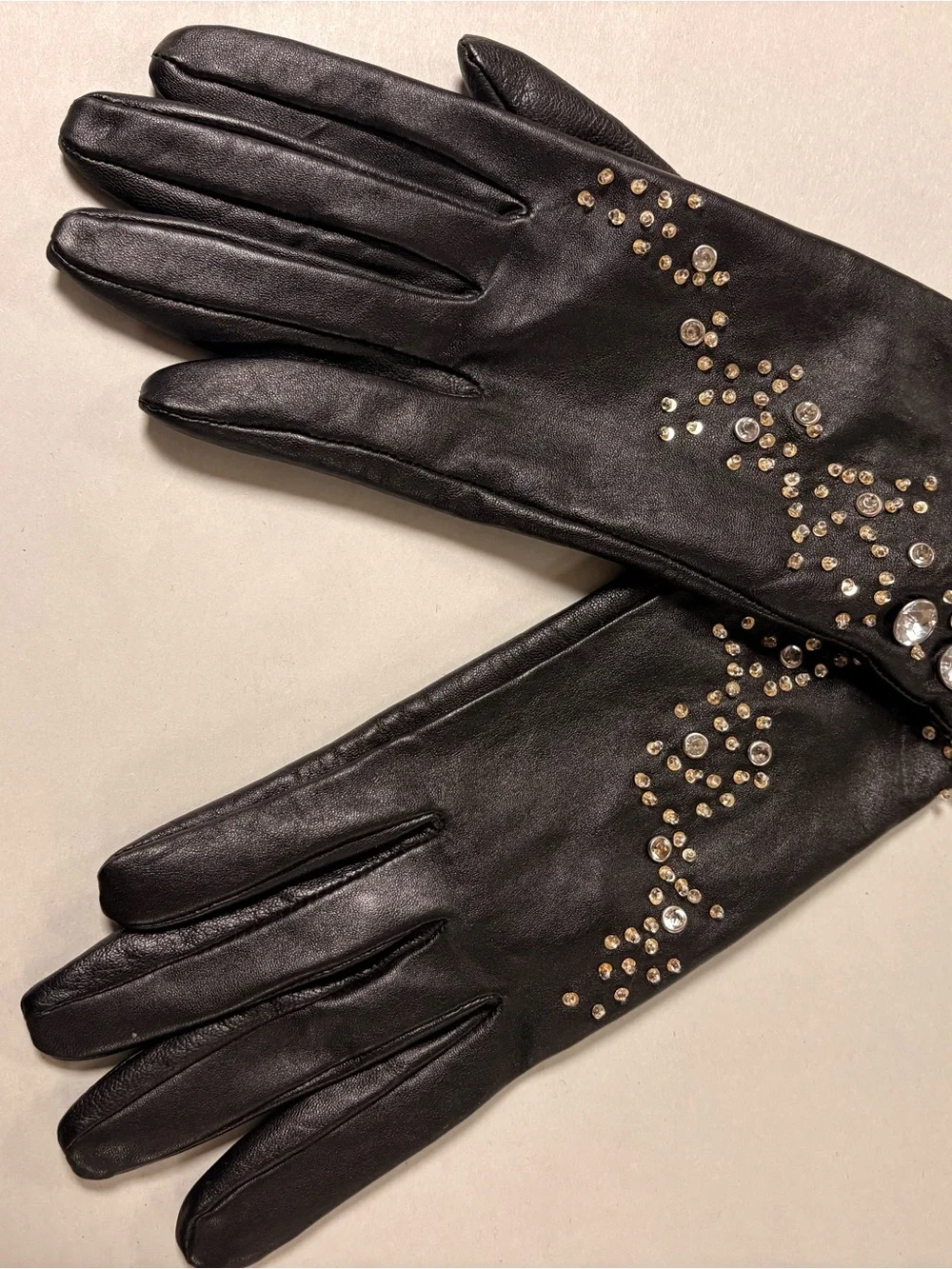 Black Leather Womens Wrist Gloves With Crystal & Stud Embellishments Size 8